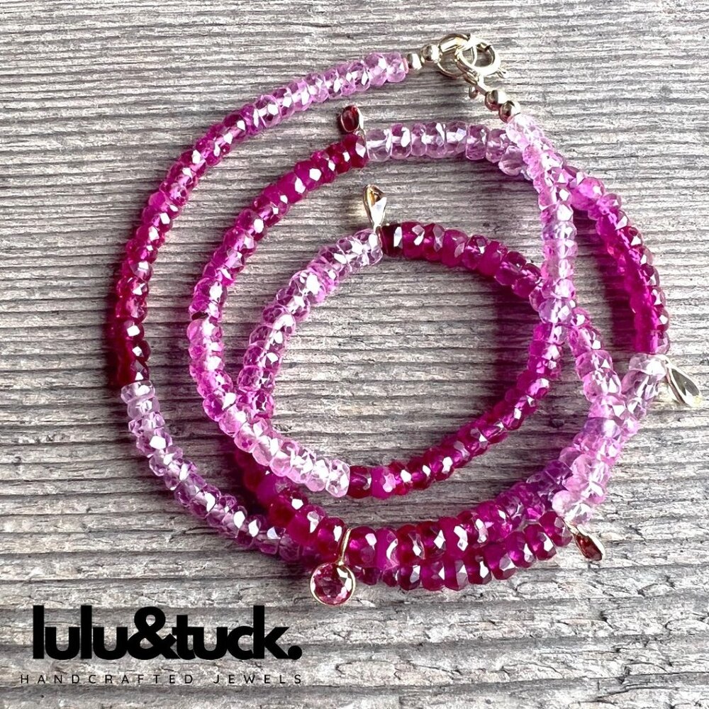 "RASPBERRY ROCK CANDY" Faceted Ruby Necklace with 14K Gold Charms & Clasp (20")